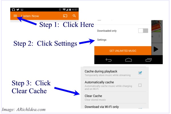cleear cache in google music on phone